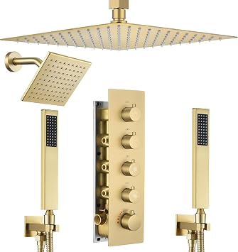 Thermostatic Dual Rianfall Shower System with 6+16-Inch Shower Heads, Ceiling Mount Full Body Rain Shower Faucet Set with Double High Pressure HandHeld Sprayer for 2-Person Brushed Gold