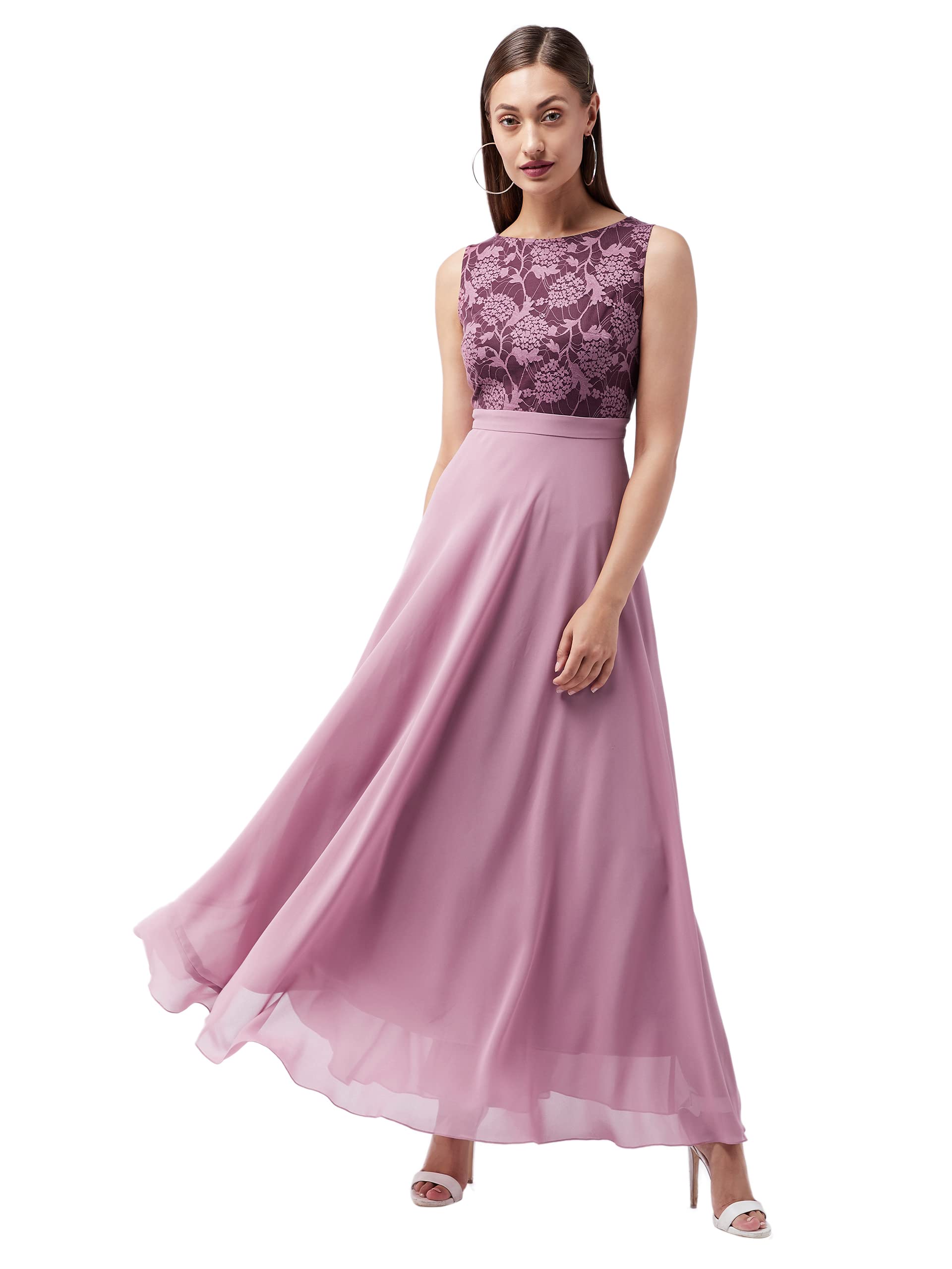 Miss Chase Women's Round Neck Sleeveless Georgette Floral Lace Fit & Flare Maxi Dress Lavender