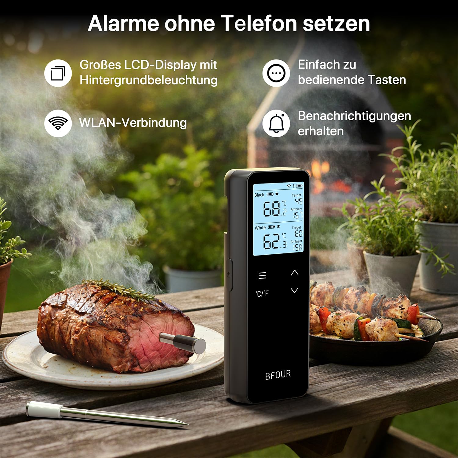 Fleischthermometer mit Standalone-Basis, Bluetooth & WLAN, 2 Sonden, WiFi unbegrenzte Reichweite, Bratenthermometer für Grill, Raucher, Backofen & Grill