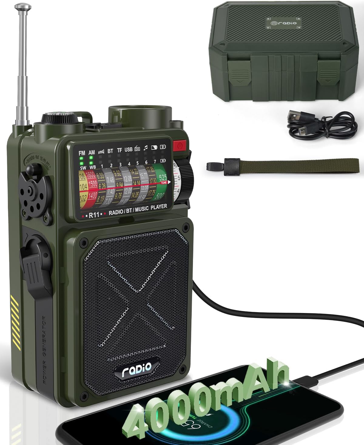 R11 Emergency Crank Radio - 4000mAh/14800mWh NOAA/SW/AM/FM