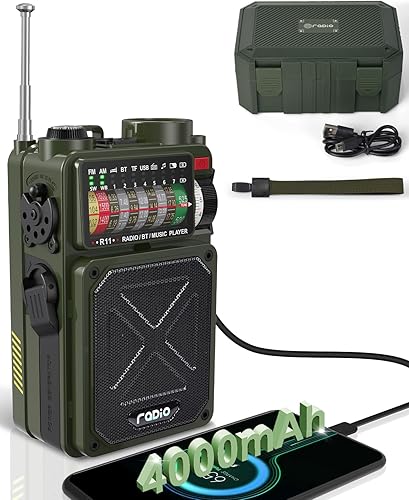 R11 Radio de emergencia de manivela - 4000 mAh/14800 mWh NOAA/SW/AM/FM, carga solar/manual/USB, receptor Bluetooth/USB/reproducción TF, con brújula,