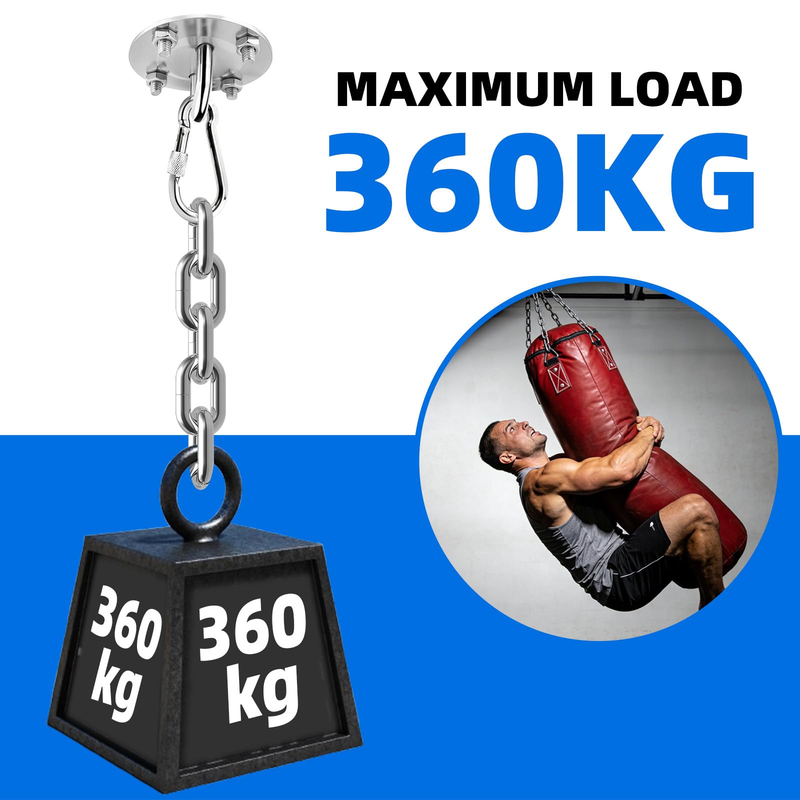 Haczyk sufitowy ze stali nierdzewnej, do 400 kg – obracany o 360 stopni, wielofunkcyjny uchwyt na worek bokserski, hamak, fotel wiszący, żagiel przeciwsłoneczny i ręcznik do jogi