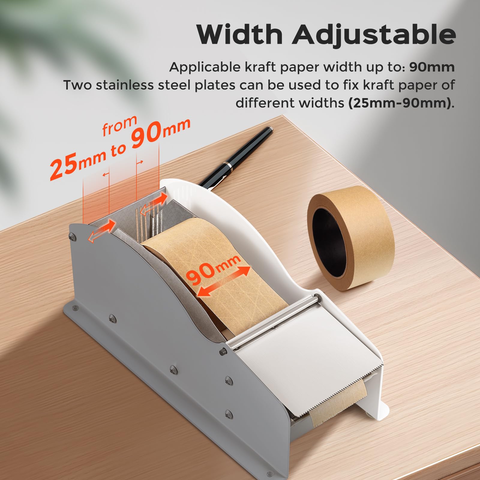 Bonvoisin Dispenser di nastro attivato ad acqua, manuale per carta kraft 25-90 mm, corpo in ferro, foglio in acciaio inox, serbatoio dell'acqua per 3-5 ore di funzionamento (originale)