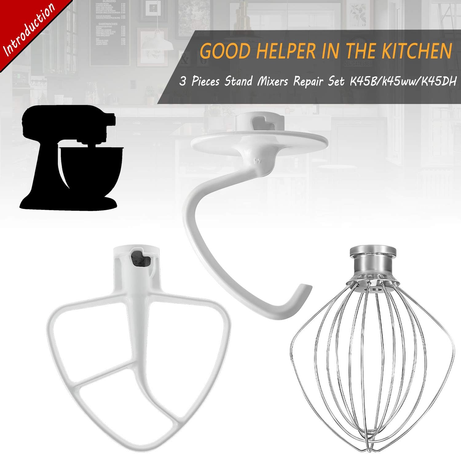 prime&swift K45DH Dough Hook K45B Flat Beater K45WW Wire Whip 3 Pieces 5 Quart Kitchen Mixer Replacement