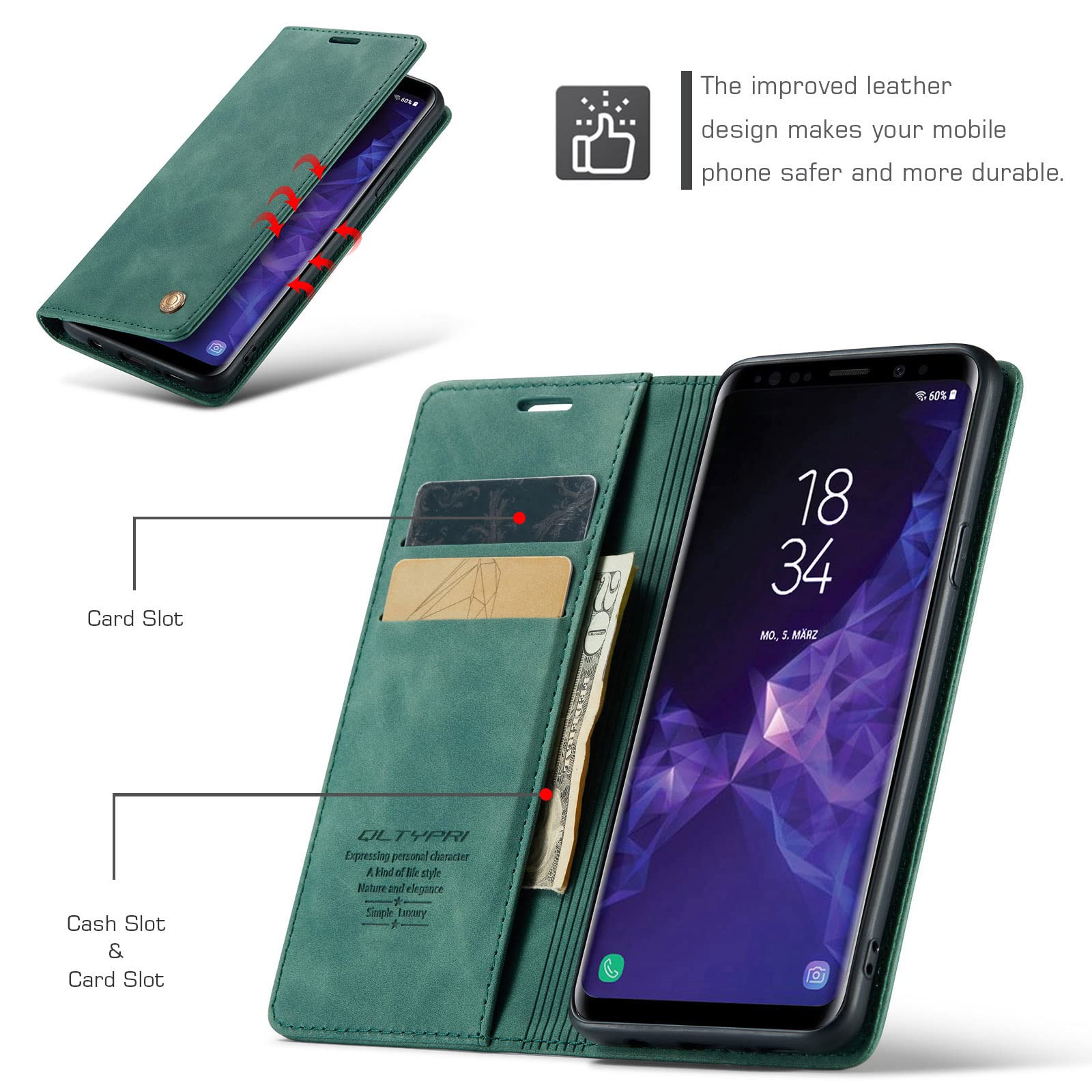 QLTYPRI Case for Samsung Galaxy S9, Vintage PU Leather Wallet Case Card Slot Kickstand Magnetic Closure Shockproof Flip Folio Cover for Samsung Galaxy S9 - Green