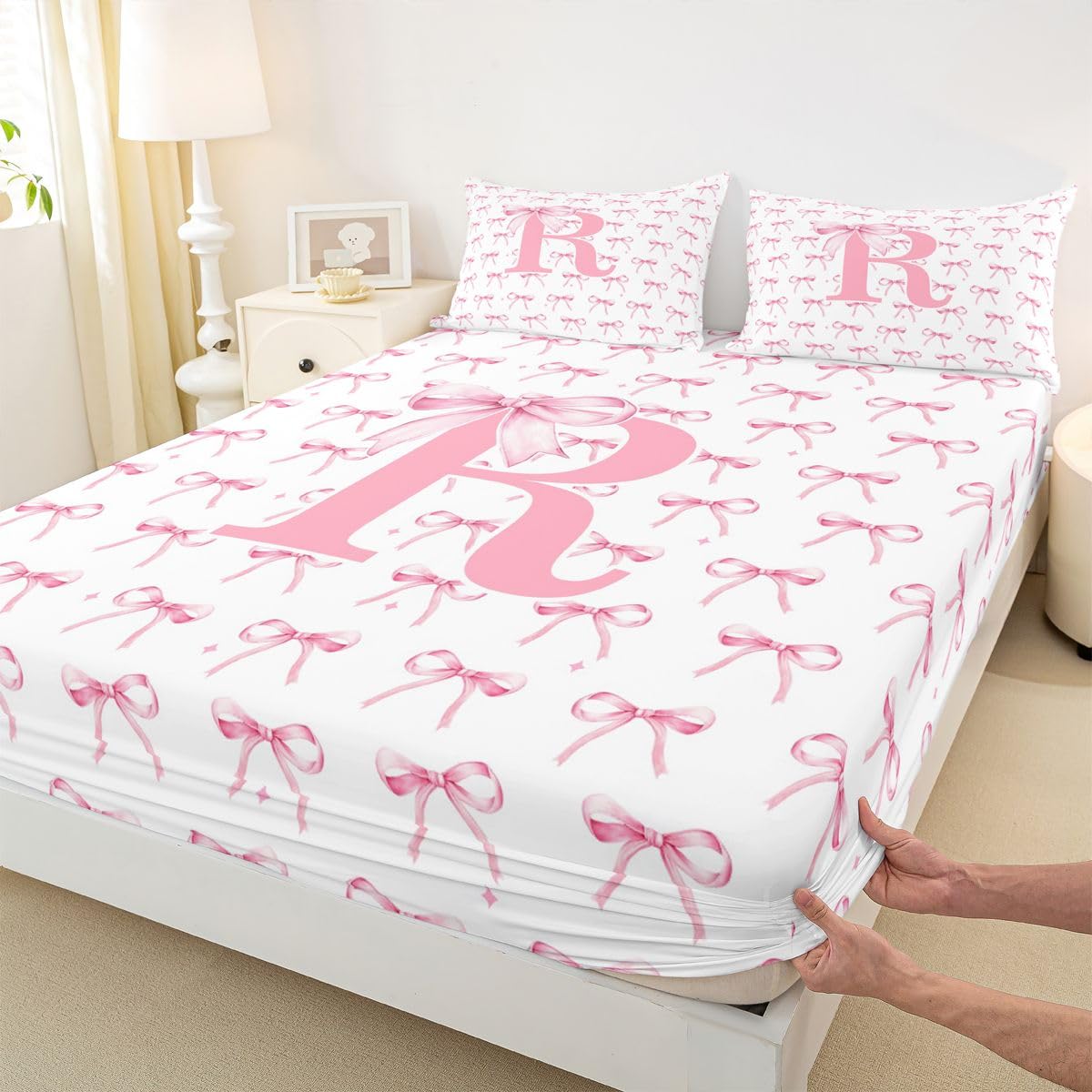 Homewish Urocza księżniczka kokarda zestaw prześcieradeł podwójny spersonalizowany inicjał R prześcieradła romans monogram pościel - kokarda zestaw pościeli 4-częściowy