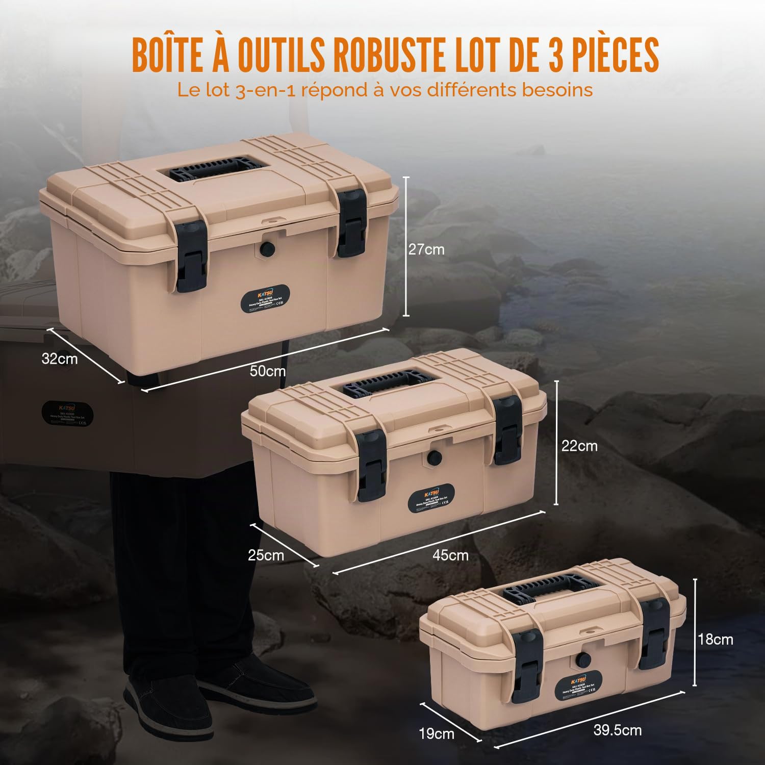 KATSU Tools Lot de 3 boîtes à outils en plastique robuste 15,6" + 17,7" + 19,7" Coffre à outils utilitaire étanche et portable pour outils de garage à domicile