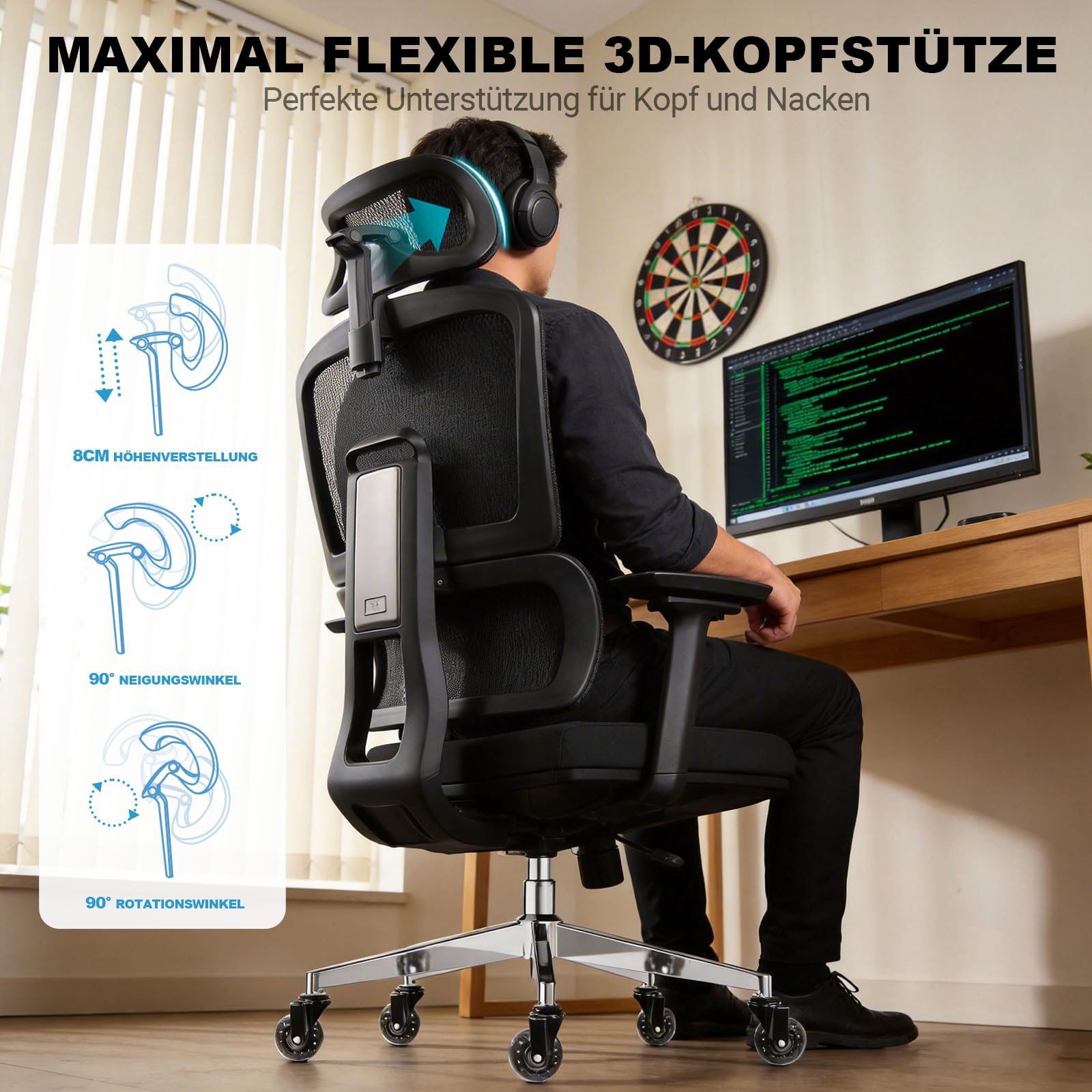 MELOKEA Bürostuhl Ergonomisch 200kg mit Verstellbarer Rückenlehne | Ergonomischer Schreibtischstuhl für große Menschen und langes Arbeiten mit Lendenstütze, 4D-Armlehnen, Sitztiefe Verstellbar