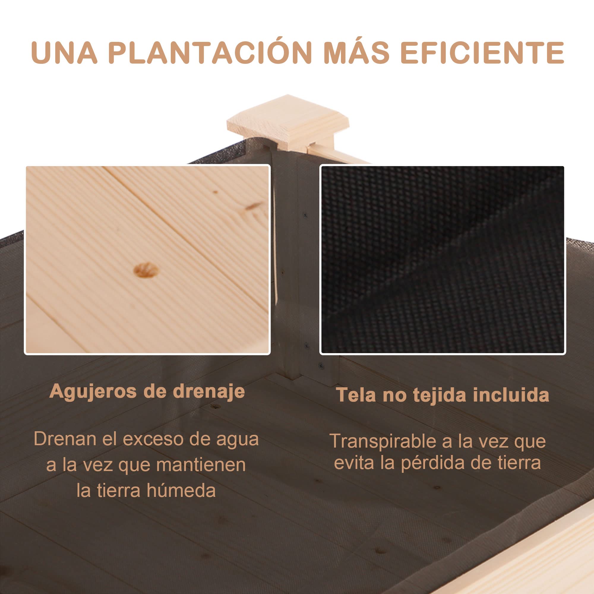 Outsunny Huerto Urbano Elevado de Madera, Mesa de Cultivo con Tela no Tejida y 4 Orificios de Drenaje, para Cultivo, Plantas, Flores y Verduras, 122,5x56,5x76 cm, Natural