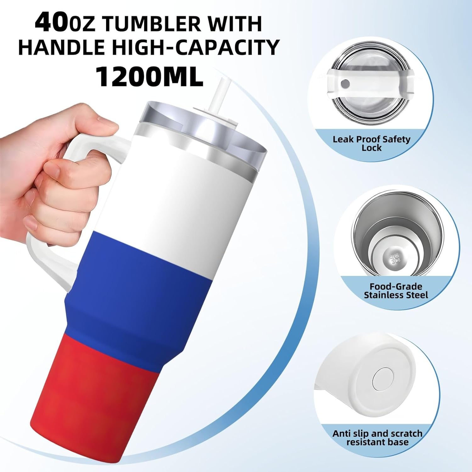 40 OZ Russian Flag Print Ice Bully Cup with Handle Straw Lid Straw,Stainless Steel Tumbler Coffee Cup