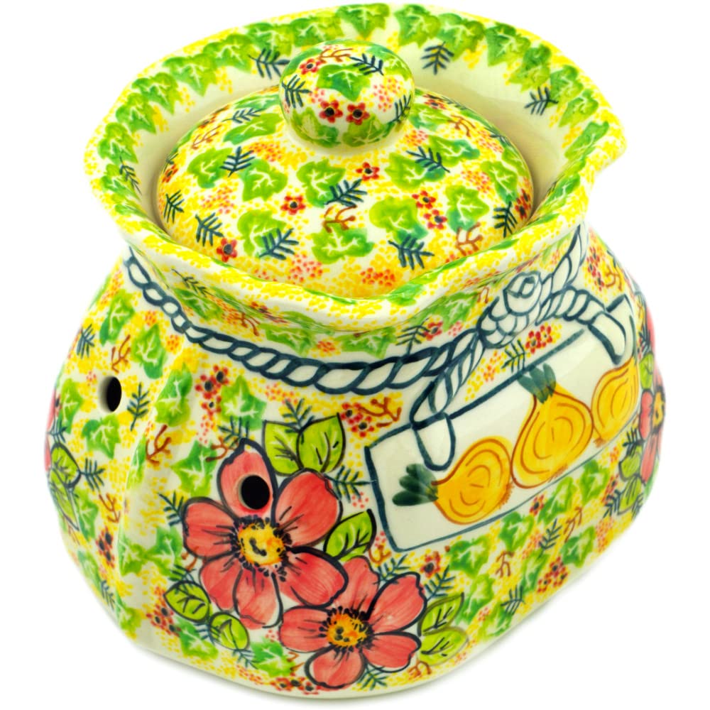 Polish Pottery 8¾-inch Garlic and Onion Jar (Wild Peonies Theme) Signature UNIKAT + Certificate of Authenticity