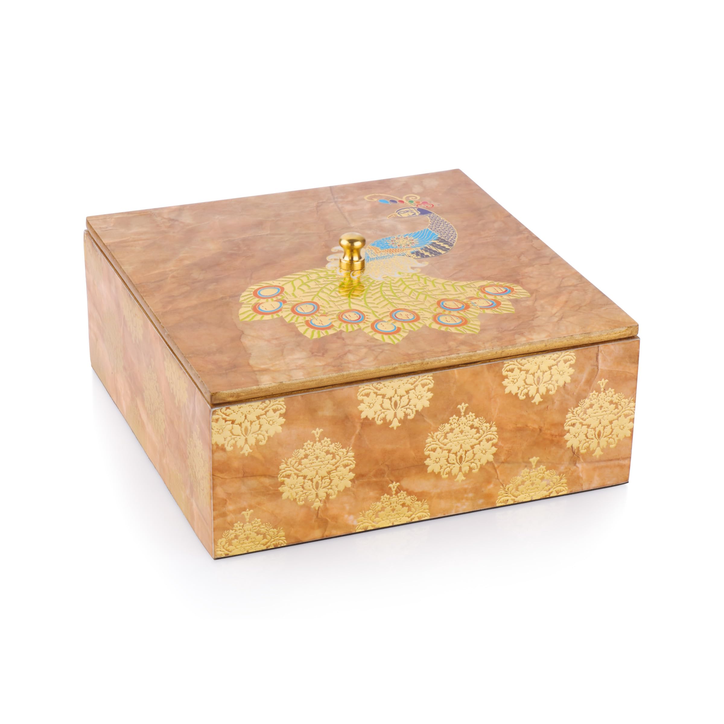 ATTRO Elegant Peacock Gold Designer Wooden Square Multipurpose Storage Box with Lid for Kitchen, Accessories, or Serving-image-13
