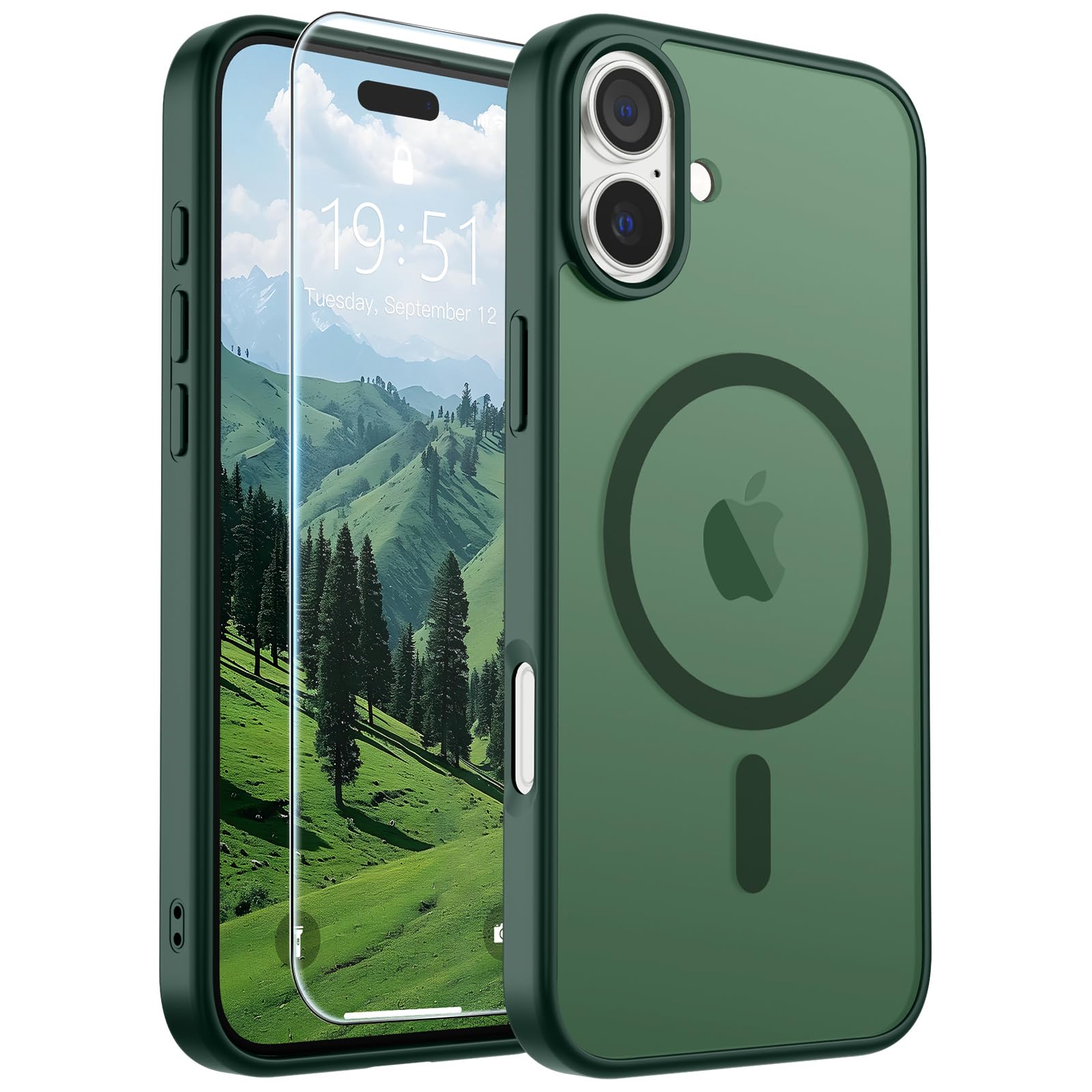SUPFINE Magnetic for iPhone 16 Case Forest Green | With Screen Protector, Translucent Matte, Compatible with MagSafe, Military Grade Drop Proof, Rugged Shockproof Protective