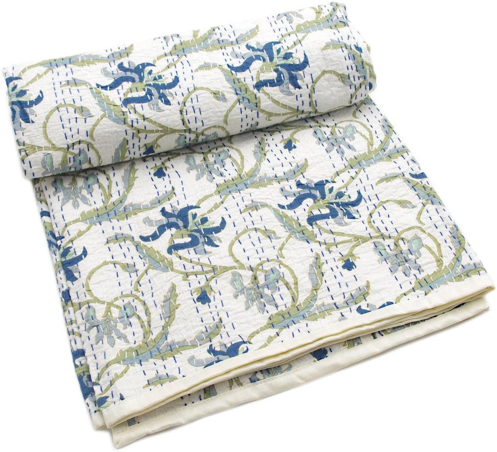 SmartBuyz SB Indian Kantha Quilt Bedspread Ethnic Reversible Bedding Gudri (White, Queen)