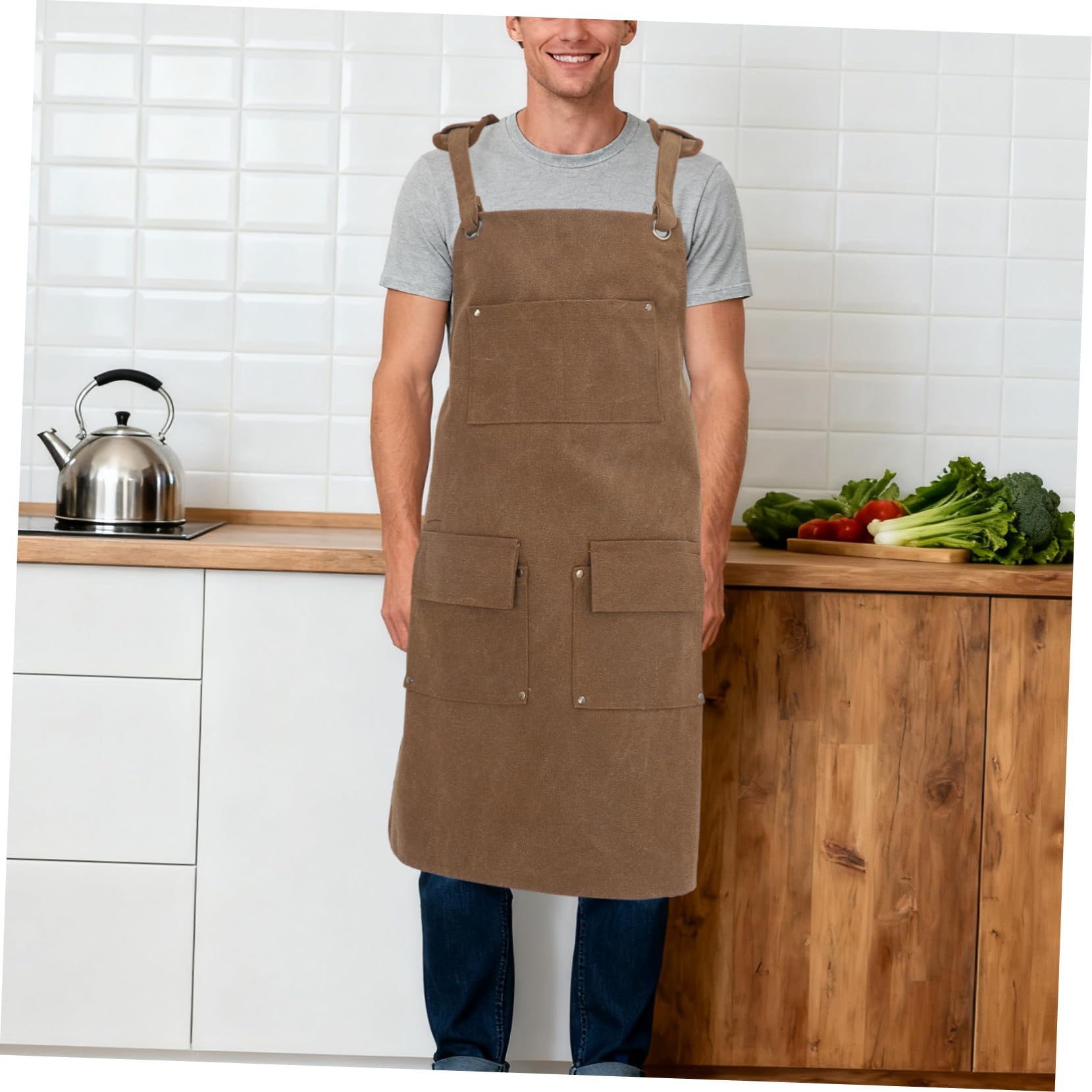 Hohopeti Delantal Para Adultos Mono De Trabajo Peto Trabajo Delantal De Chef Para Mujer Con Bolsillos Light Brown