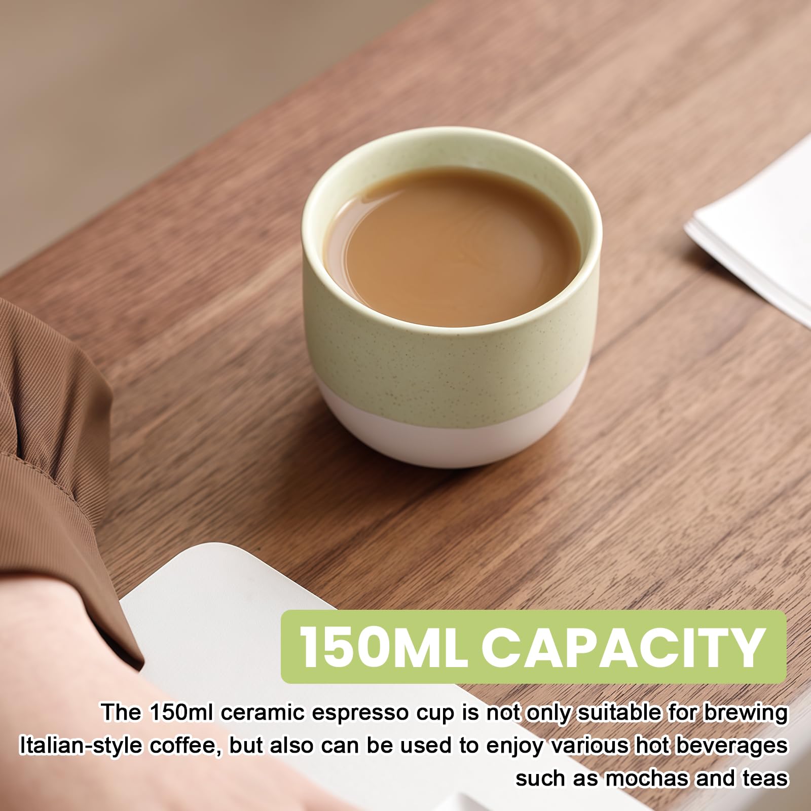 Set di 6 tazze da tè verde chiaro con gradiente, 150 ml, in ceramica, senza manico, tazze da caffè a doppia parete, tazze smaltate