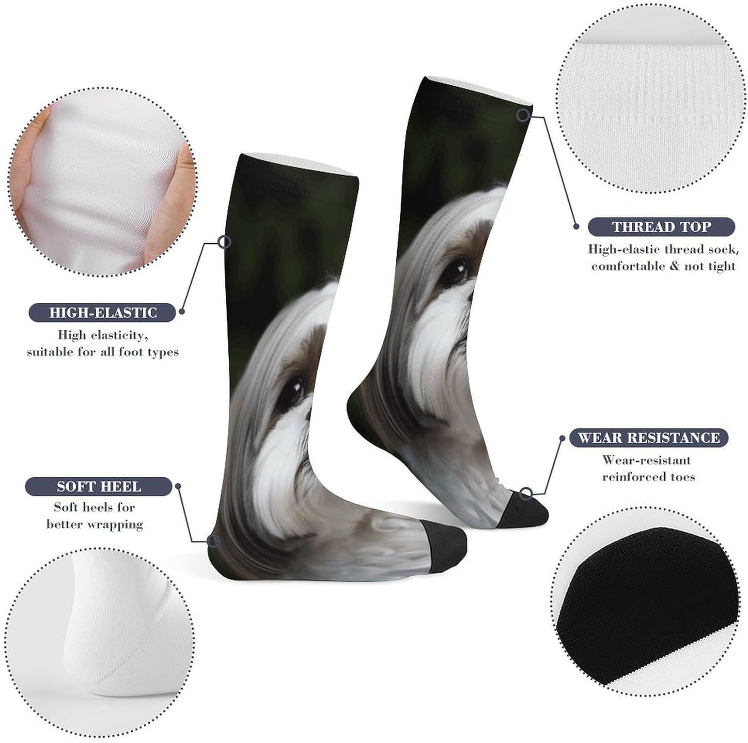 Shih Tzu Dog Compression Sock Circulation Support Socks Lightweight Knee High Tube Sock Over-The-Calf Sock for Adult