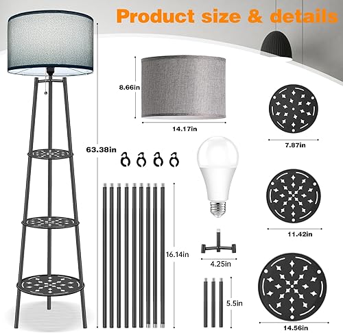 Miniatura 3 de Lámpara de Pie con Estanterías, Lámpara de Pie Moderna con Bombillas LED de 3 Temperaturas de Color, Lámparas de Pie de Rincón para Sala de Estar y