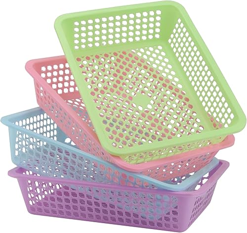 Miniatura 5 de 20 cestas de malla de plástico de 13.5 x 10 x 3 pulgadas, cesta de plástico colorida, cestas para profesores para aula, pequeñas cestas de plástico