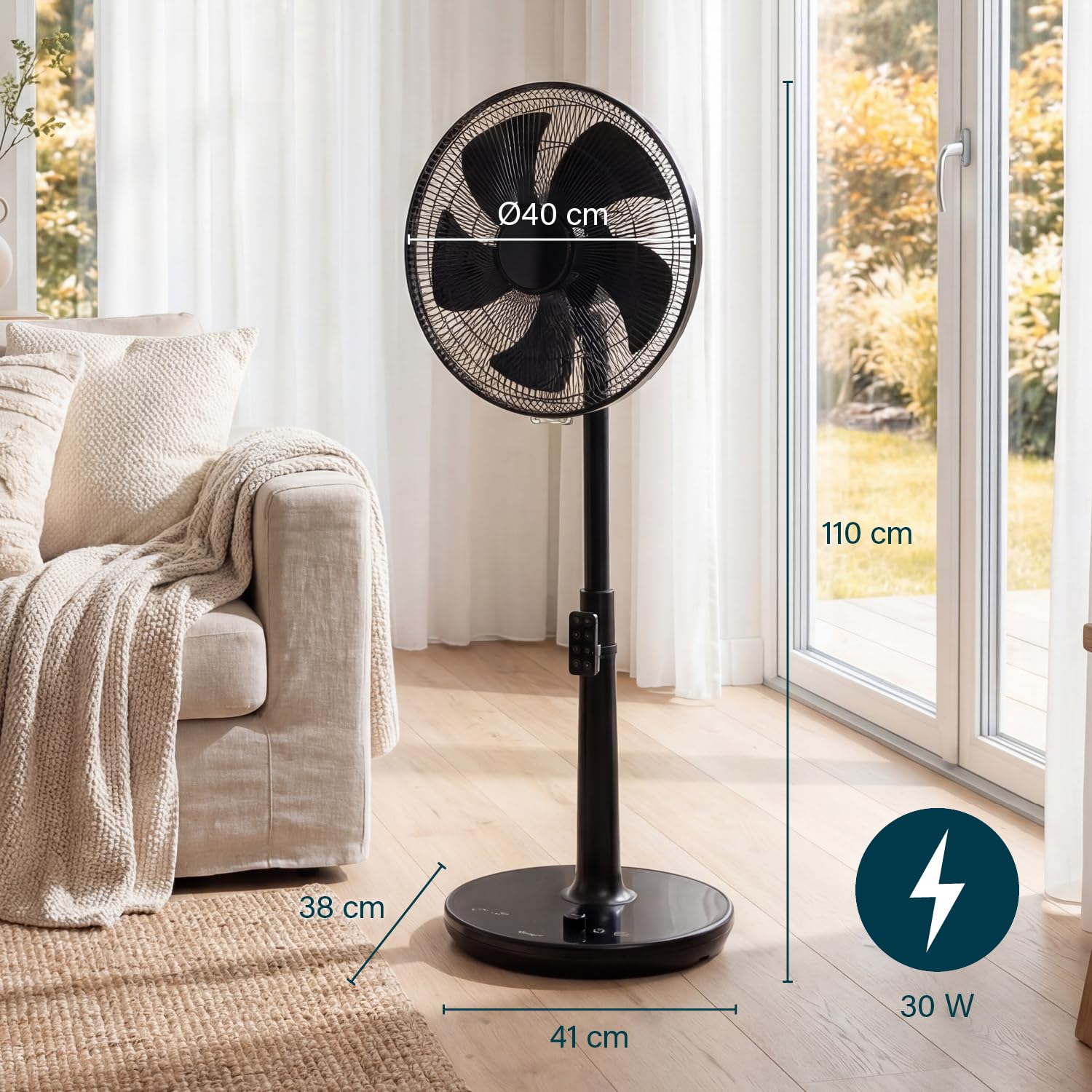 Princess Ventilatore a piantana - Design elegante - 30 W - Potente, Silenzioso, Basso consumo - Diametro: 40 cm - Oscillante - 24 velocità - 354860