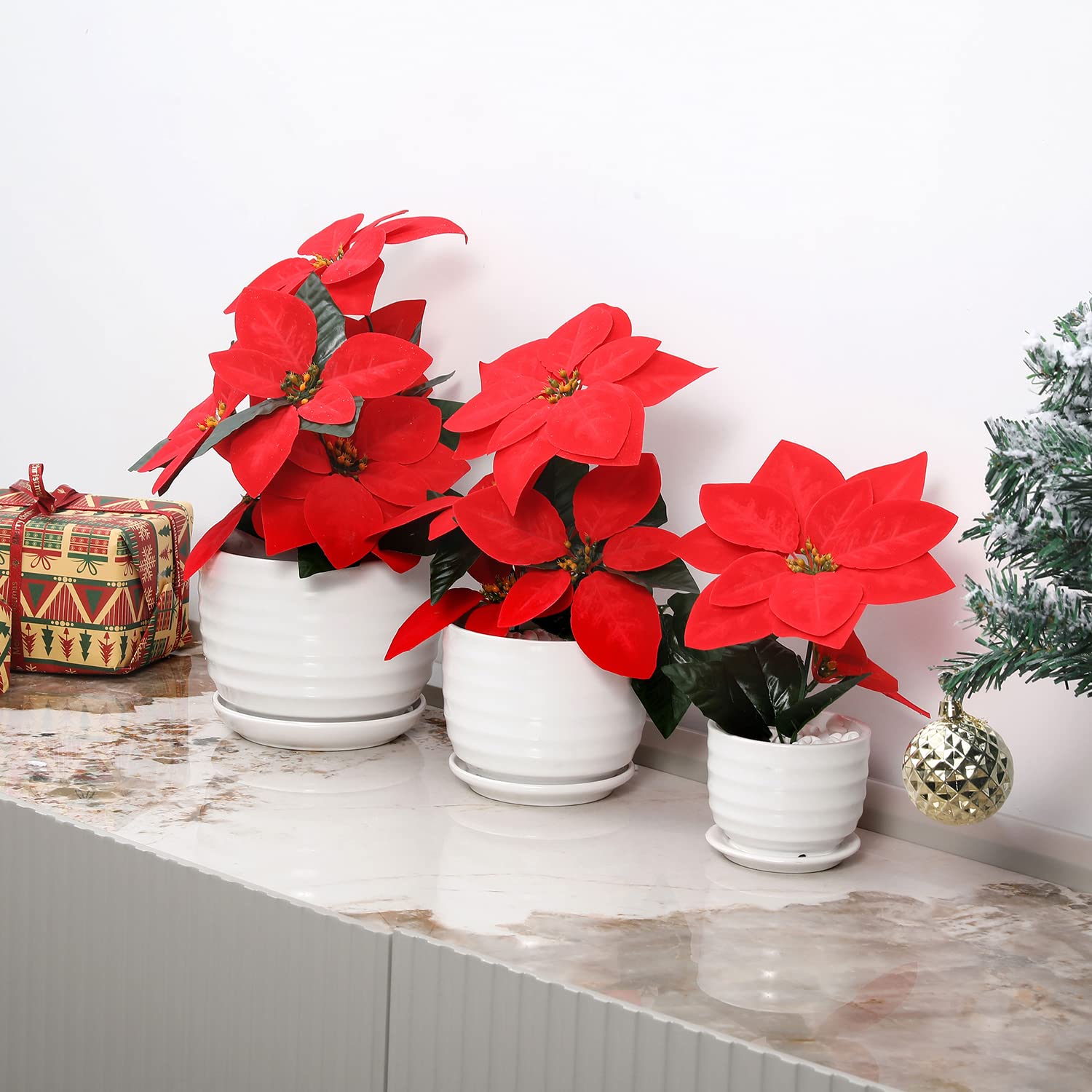 MyGift Modern Ribbed White Ceramic Indoor Plant Pot with Drainage Hole and Attached Saucer, Small Succulent Planter, Set of 3