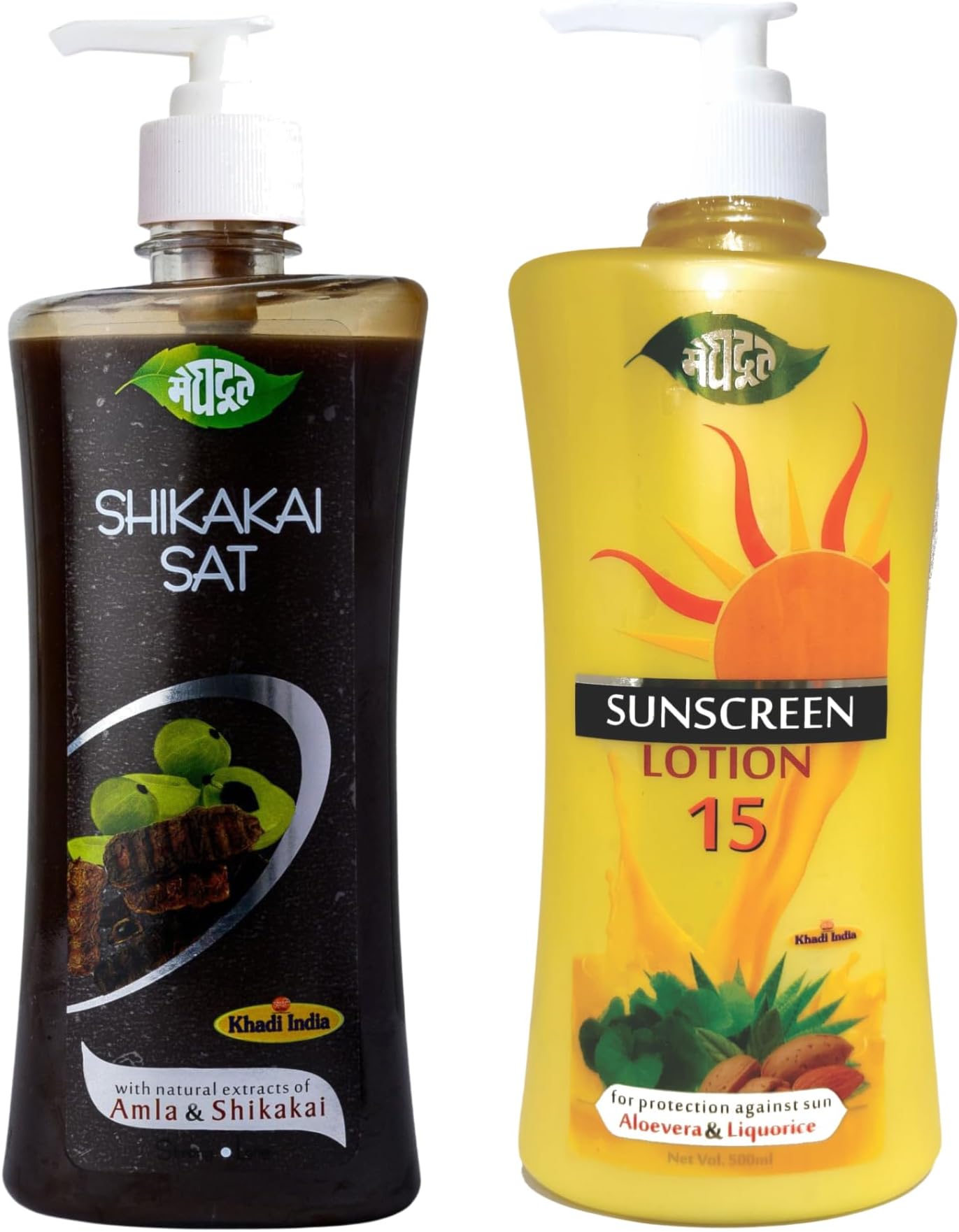Meghdoot Ayurvedic Herbal Sunscreen lotion for Sunburn Protection and Herbal Shikakai Shampoo For Hair Growth, Hair Fall Control, Dandruff Control,Head Lice Treatment, 500ml Each (Pack of 2)