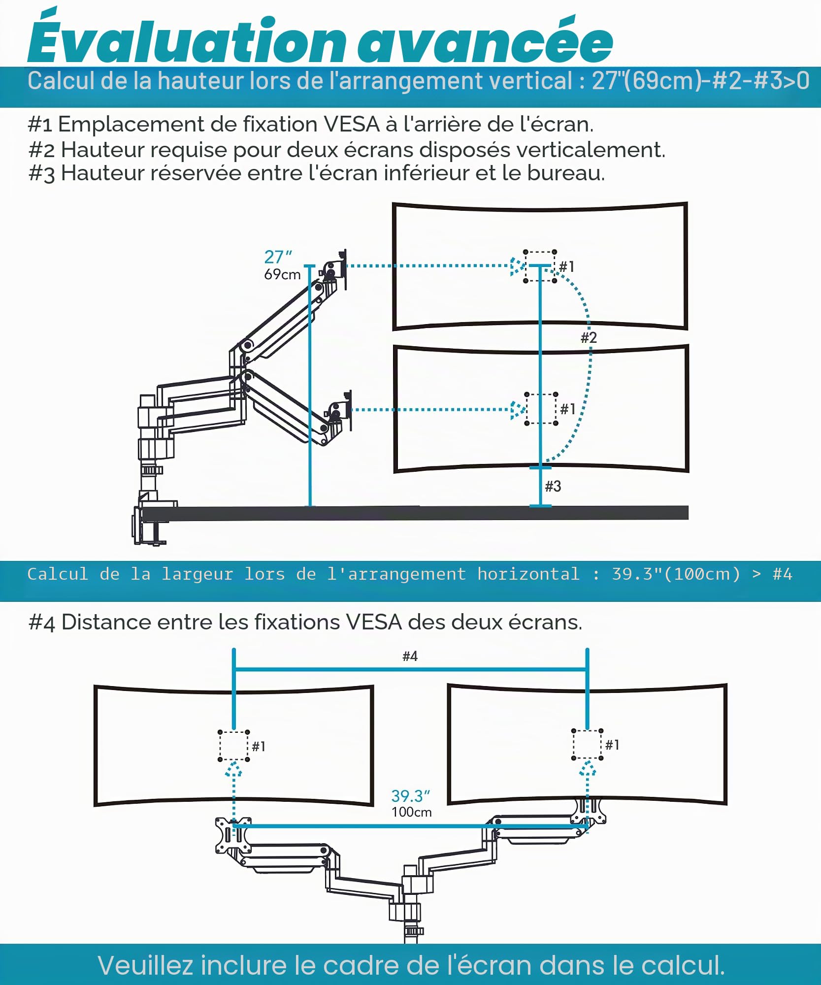 ULTRARM Bras d'extension Robuste, Accessoire pour MA20P-S, Non Autonome | Max 3 écrans, support vertical double 49", base & tige non incluses, VESA 100x100, Noir, MA20P-A