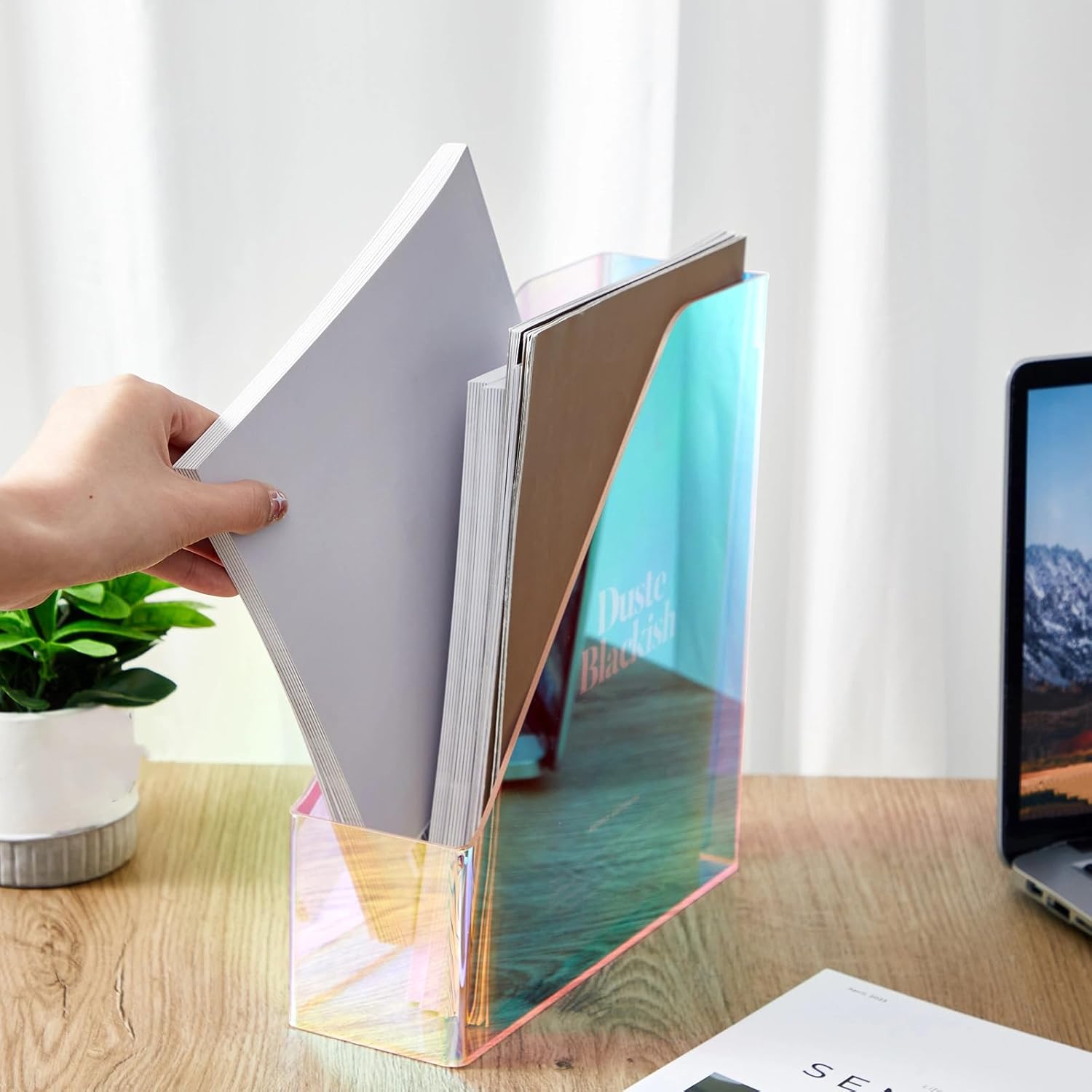 2 Pcs Iridescent Vertical Magazine File Holder Acrylic Magazine Holder Storage Organizer Plastic Clear Acrylic Rack for Office Classroom Home Document Paper Book Collection