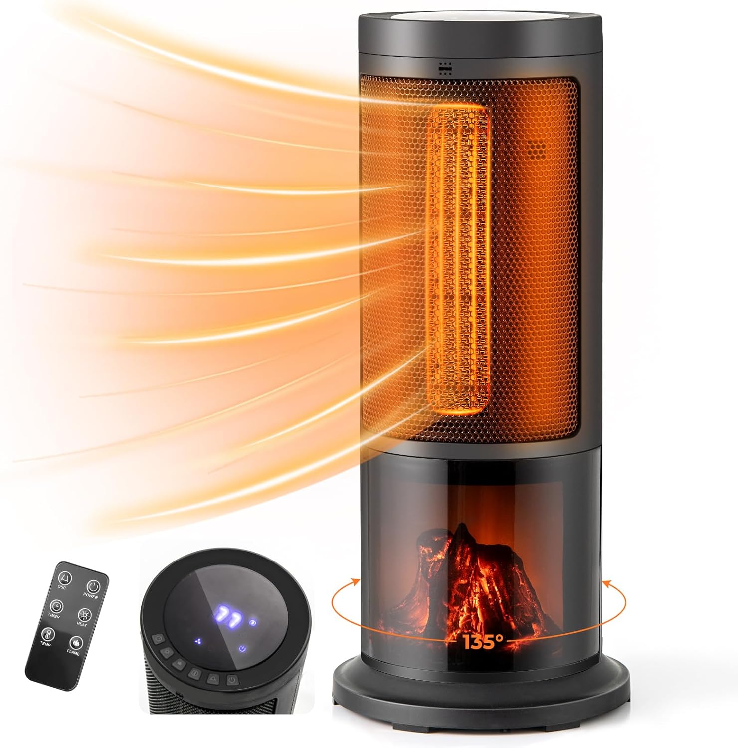 Tangkula 850/1500W PTC Ceramic Space Heater, 17" Portable Heater with Thermostat, 135° Oscillation, 12H Timer, Realistic 3D Flame, Remote, Overheat & Tip-Over Protection