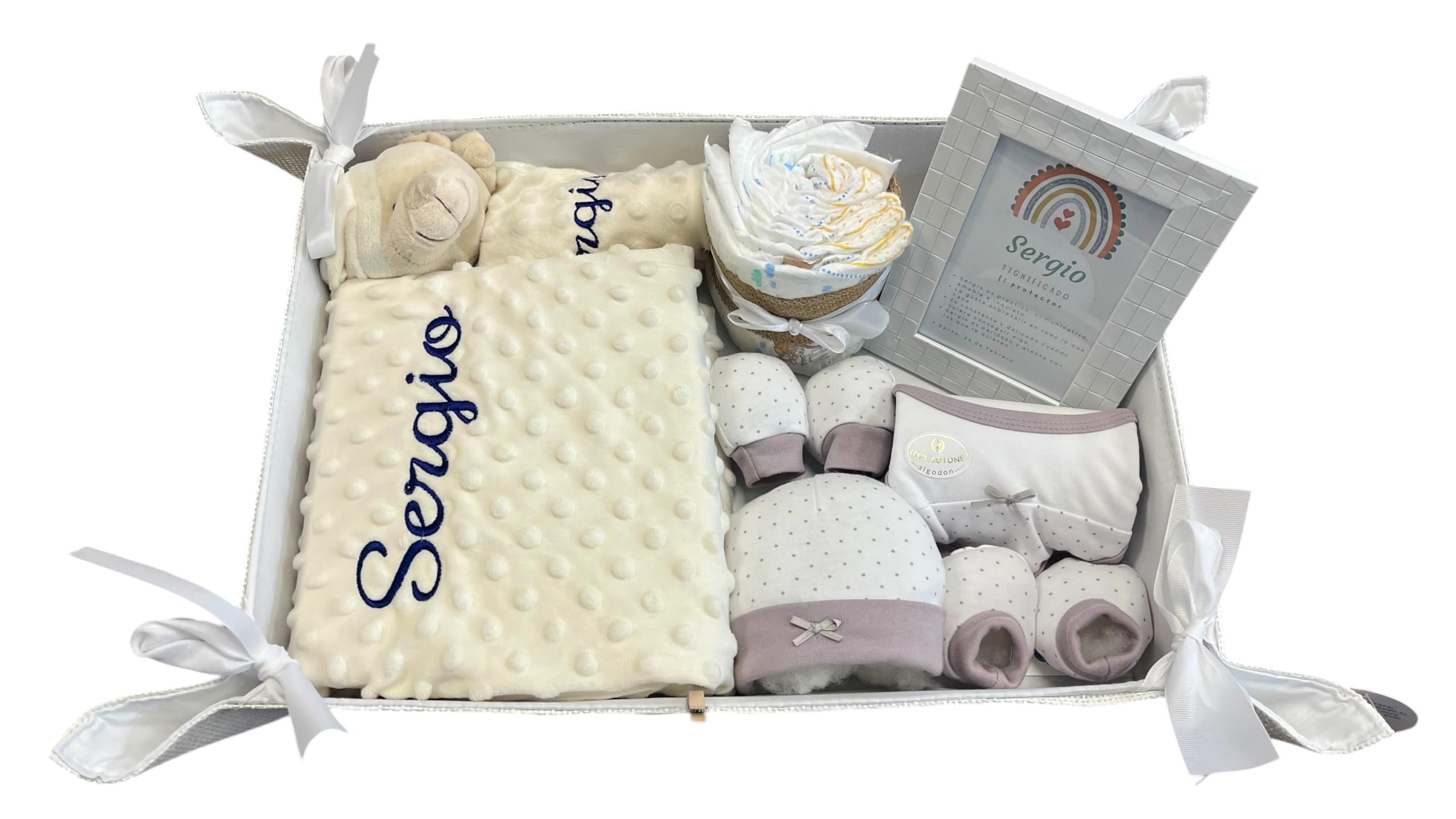 Danielstore Velvet Cesta para Regalo Recién Nacido, Canastilla Bebé Personalizada, Manta y Dou Dou Osito Bordada, Incluye Set de Primera Puesta y Pastel de Pañales (Deluxe 1 Beige)