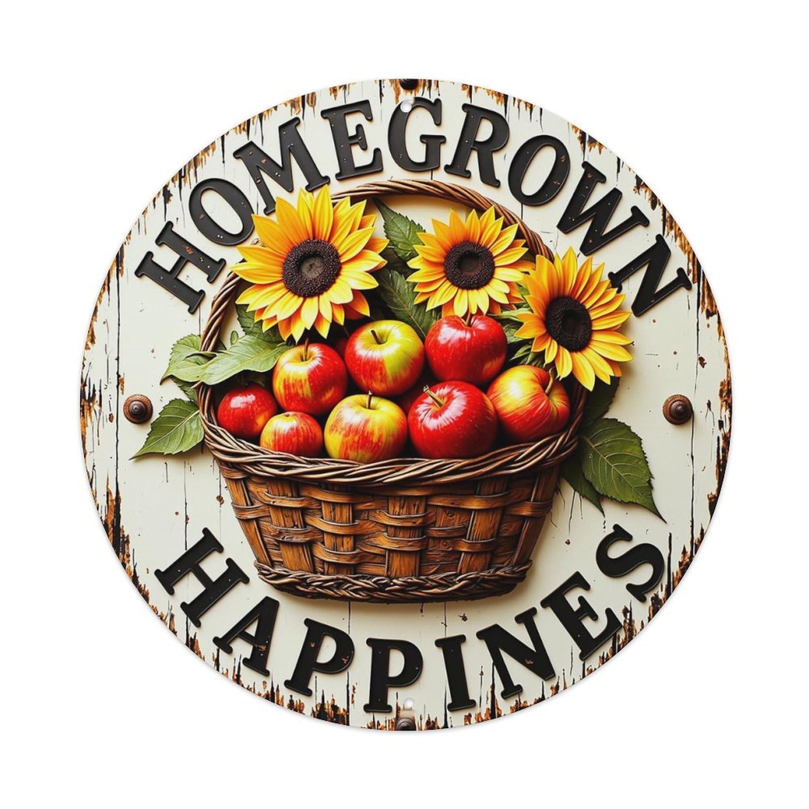Homegrown Happiness Basket Sunflowers Apples Retro Metal Sign Round Tin Sign, Vintage Decor Art Poster for Bar, Home, Man Cave, Kitchen, Laundry Room Gift 8x8Inch