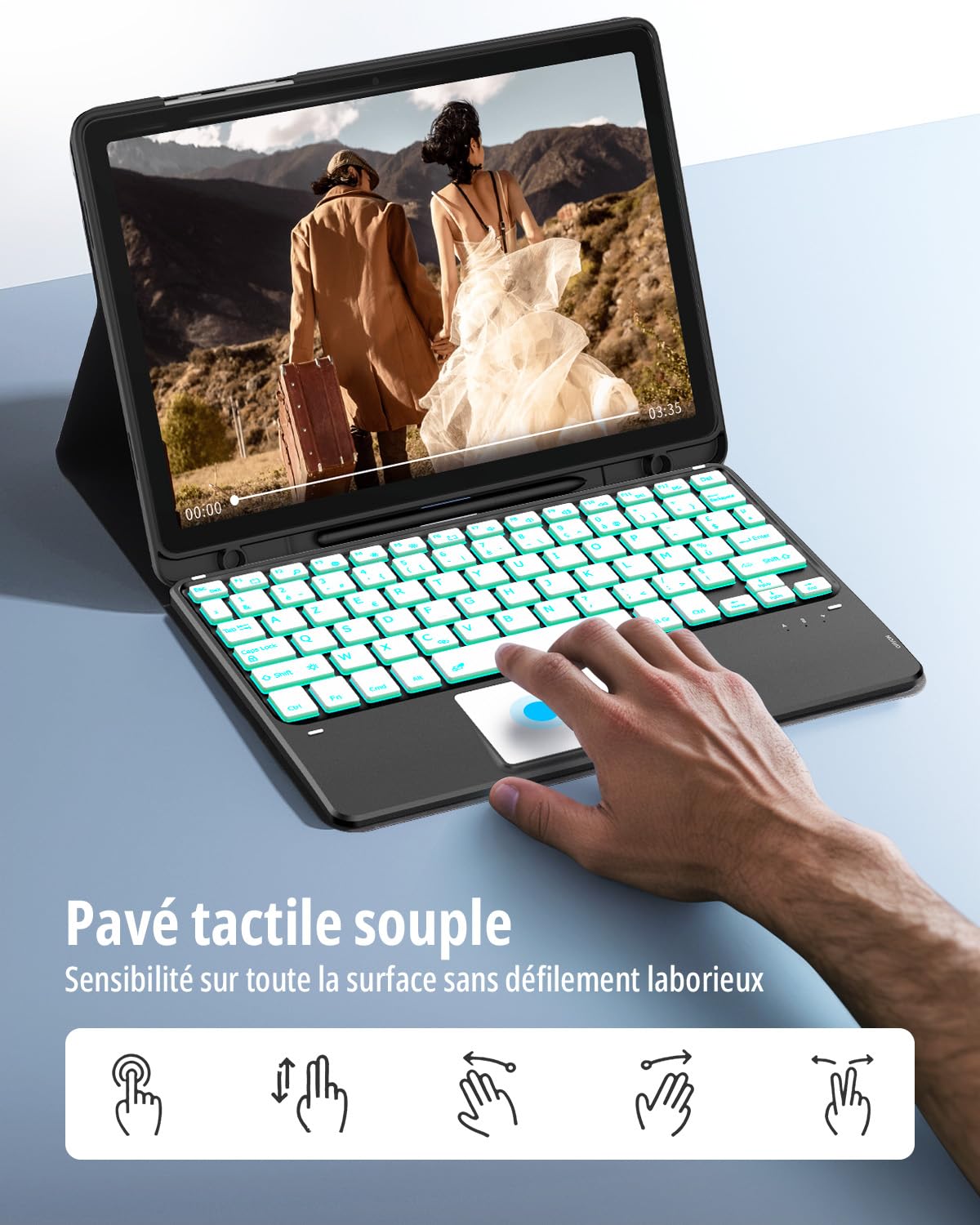 CACOE Étui Clavier Compatible avec Samsung Galaxy Tab A11 Plus / А9 Plus 2025/2023 11 Pouces avec Pavé Tactile, Éclairage 7 Couleurs Clavier AZERTY sans Fil Amovible, Noir
