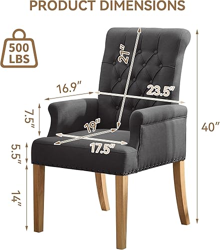 Miniatura 2 de Silla de comedor de tela con brazos, sillas de comedor tapizadas con respaldo alto, sillón decorativo con patas de madera maciza y ribete de cabeza