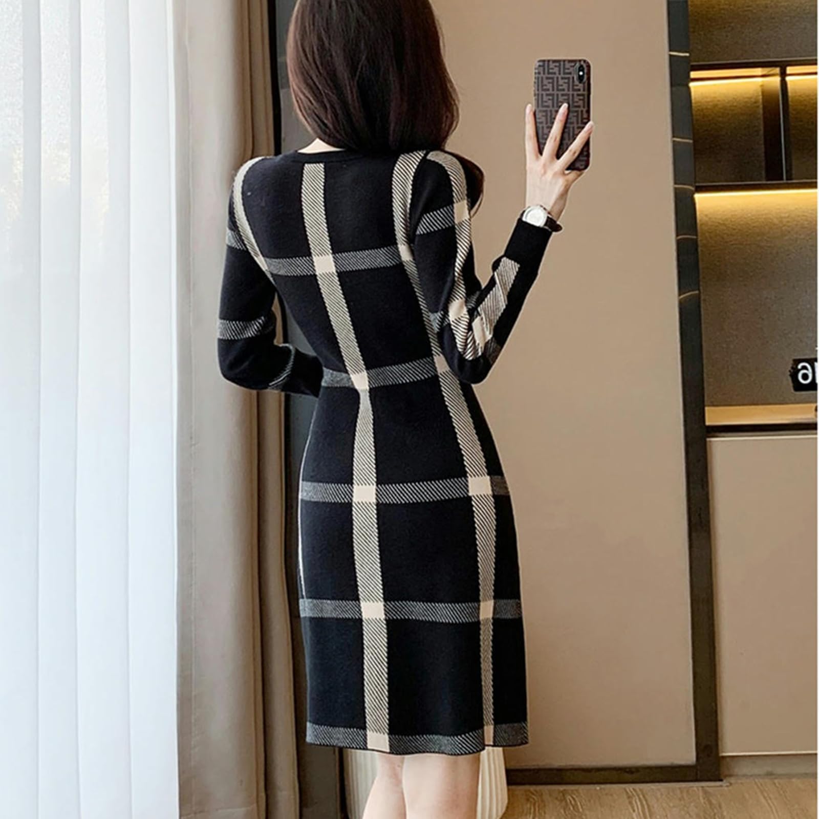 Vestito Donna Autunno Abito in Maglia Scozzese da Donna Autunnale A Maniche Lunghe A Vita Alta con Gonna A Trapezio con Scollo Tondo-Nero-m