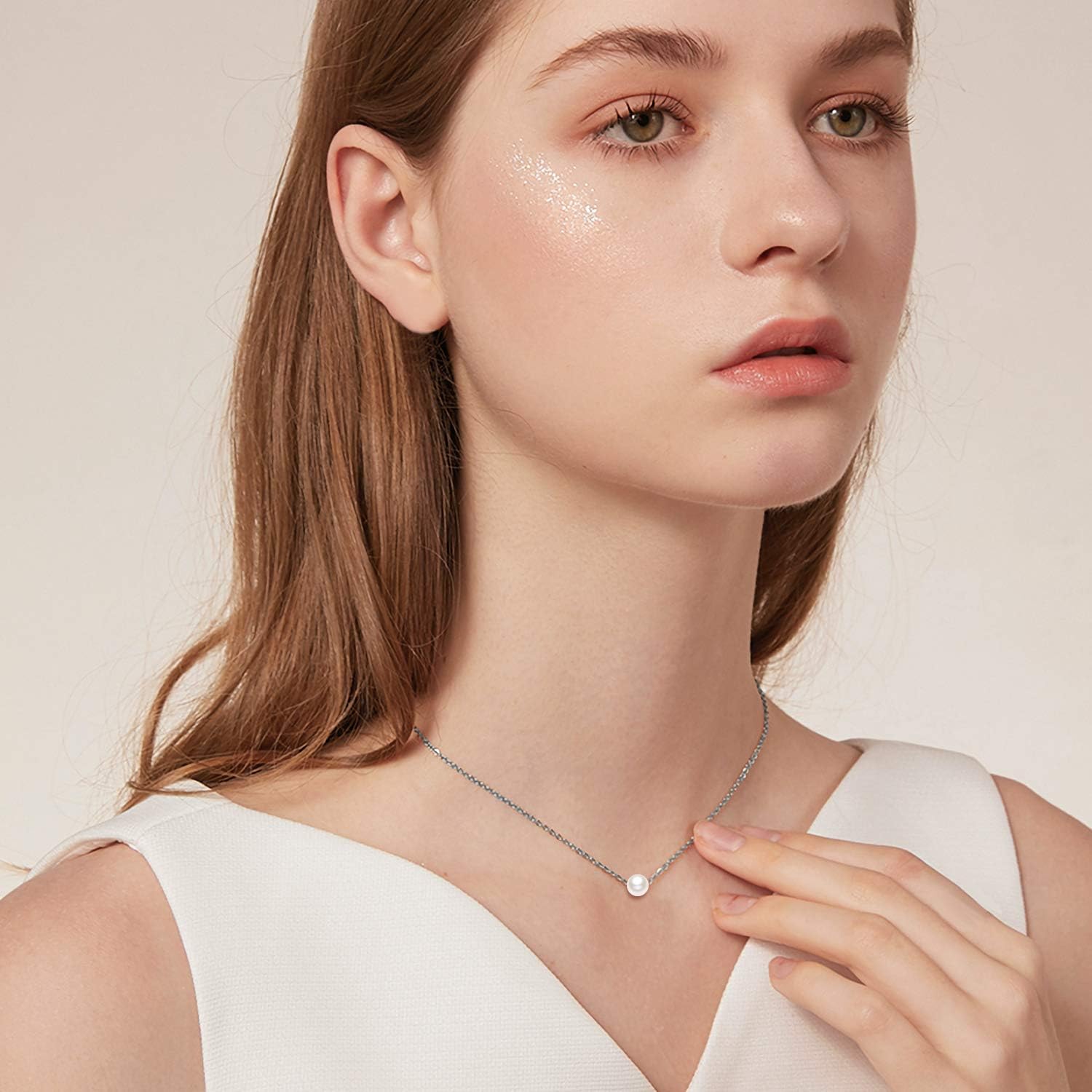 10K Real Yellow Gold Pearl Necklace, Real White Freshwater Cultured Pearl Pendant Necklace, 8mm Dainty Adjustable Single Floating Pearl Choker Necklace for Women, Girls 18 Inch - Image 2