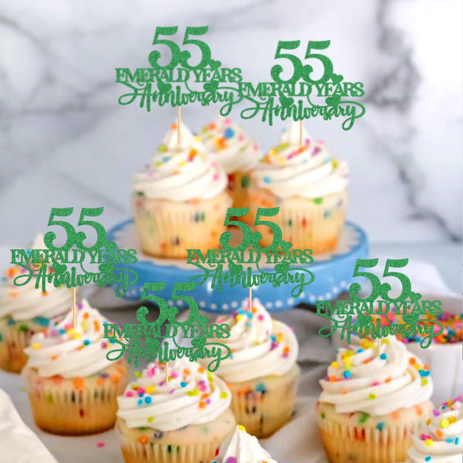 Blumomon 24Pcs 55th Anniversary Cupcake Toppers Emerald 55th Weddding Anniversary Cake Decoration for 55 Emerald Wedding Celebration Party Supplies - Image 3