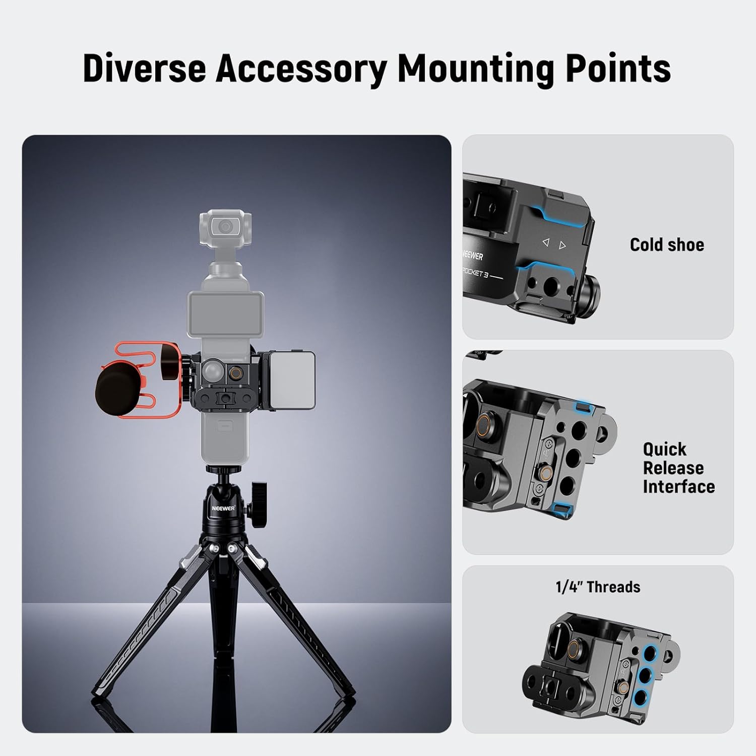 NEEWER Pocket 3 Cage & Action Camera Adapter Compatible with DJI Osmo Pocket 3 and Action 2 Magnetic Mount, Aluminum Alloy Rig with 1/4" Thread and Cold Shoe for Extension Accessories, AC009 Pro