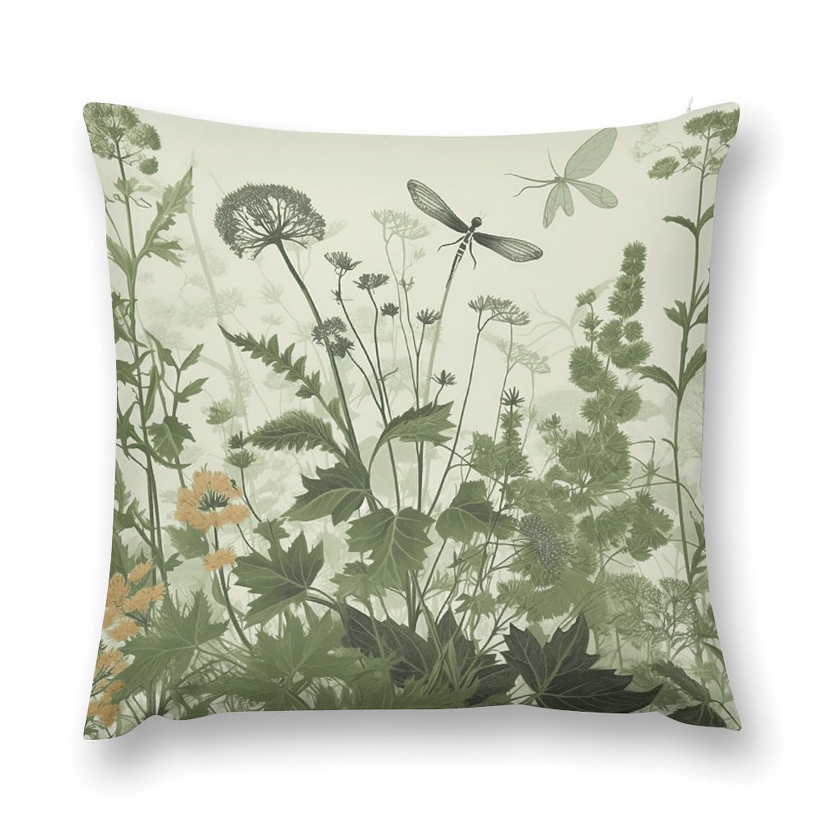 Foliage And Herbs with Dragonflies Winged Throw Pillow Cover with Hidden Zipper Farmhouse Couch Pillow Cover Cozy Soft Short Plush Cushion Case Fashion Square Decorative Pillow Cover for Living Room