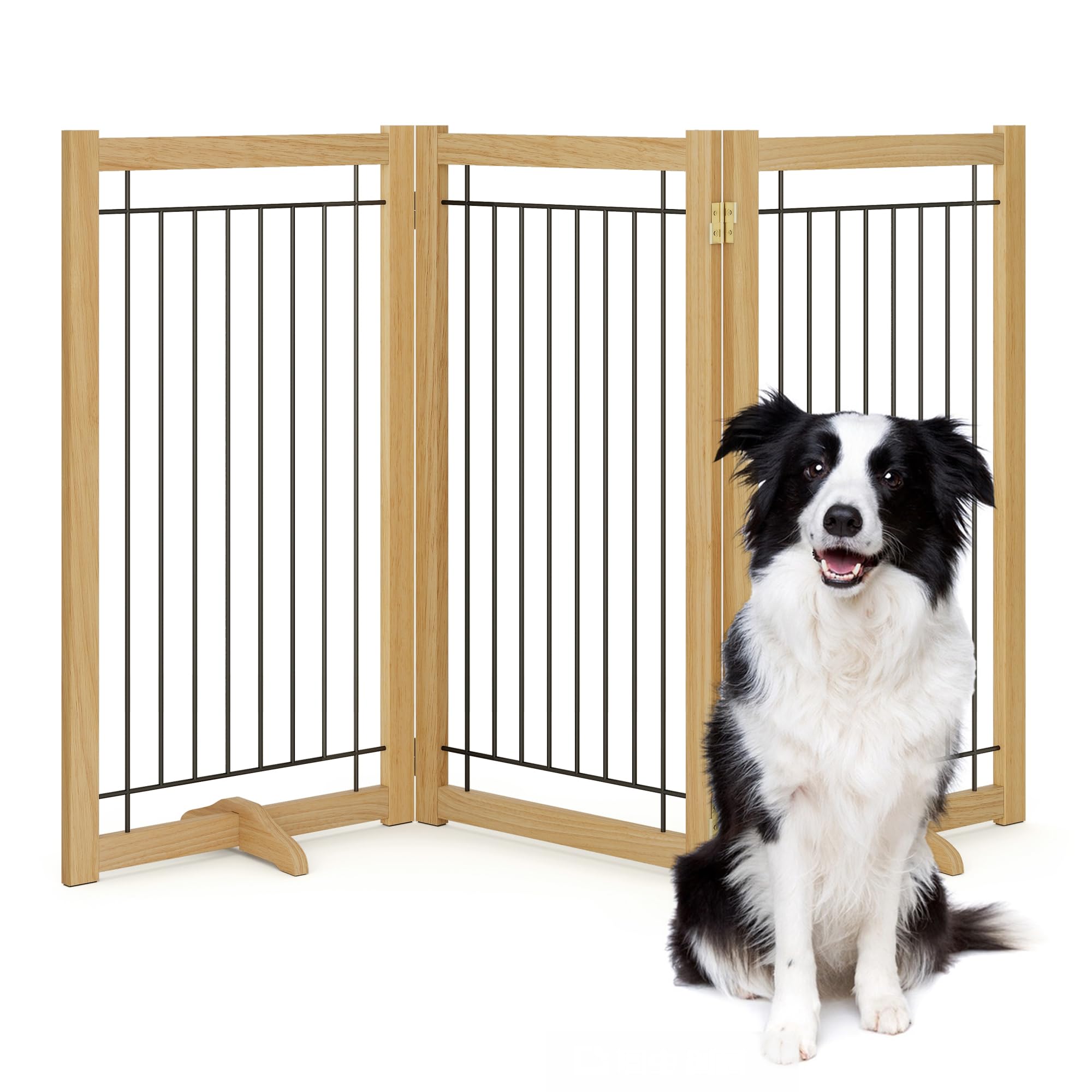 Acovy Wire Dog Gate Solid Wood Frame, Anti-Chewing, 3-Panel, 36" Height, 60" Width, Indoor Freestanding Pet Gate Foldable Wooden Dog Fences for Stairs