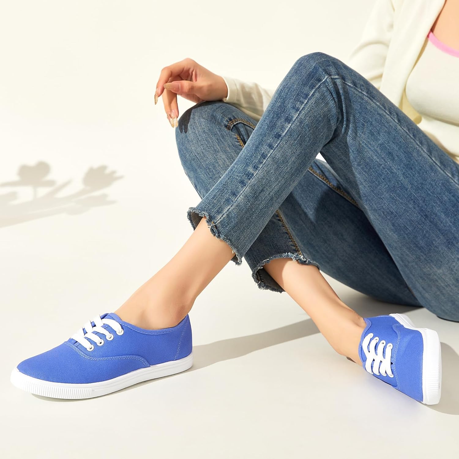 Womens Classic White Sneakers,Low Top White Canvas Shoes,Lightweight Casual Canvas Sneakers - Image 8