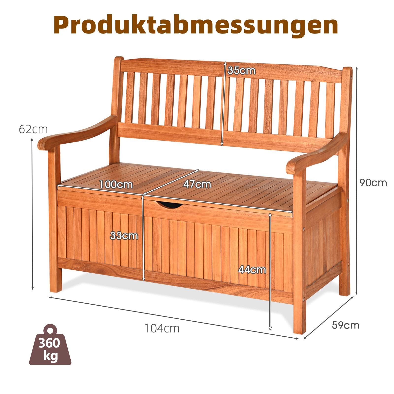 GOPLUS Gartenbank mit Stauraum, Sitzbank aus Akazienholz für 2 Personen, Truhenbank mit Rücklehne & Armlehne, Holzbank für Garten Terrasse Outdoor, mit Aufbewahrungsbox, belastbar bis 360kg