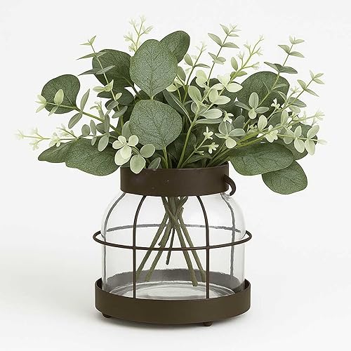 Florero rústico de granja, florero de cristal con marco de metal envejecido para decoración del hogar, arreglo floral, mesa de comedor, centro de