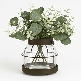Farmhouse Rustic Vase, Vintage Lantern Decor Glass Vase with Distressed Metal Frame for Home Decor Floral Arrangement Dining Table Centerpiece Kitchen Bathroom Wedding Hostess Gift