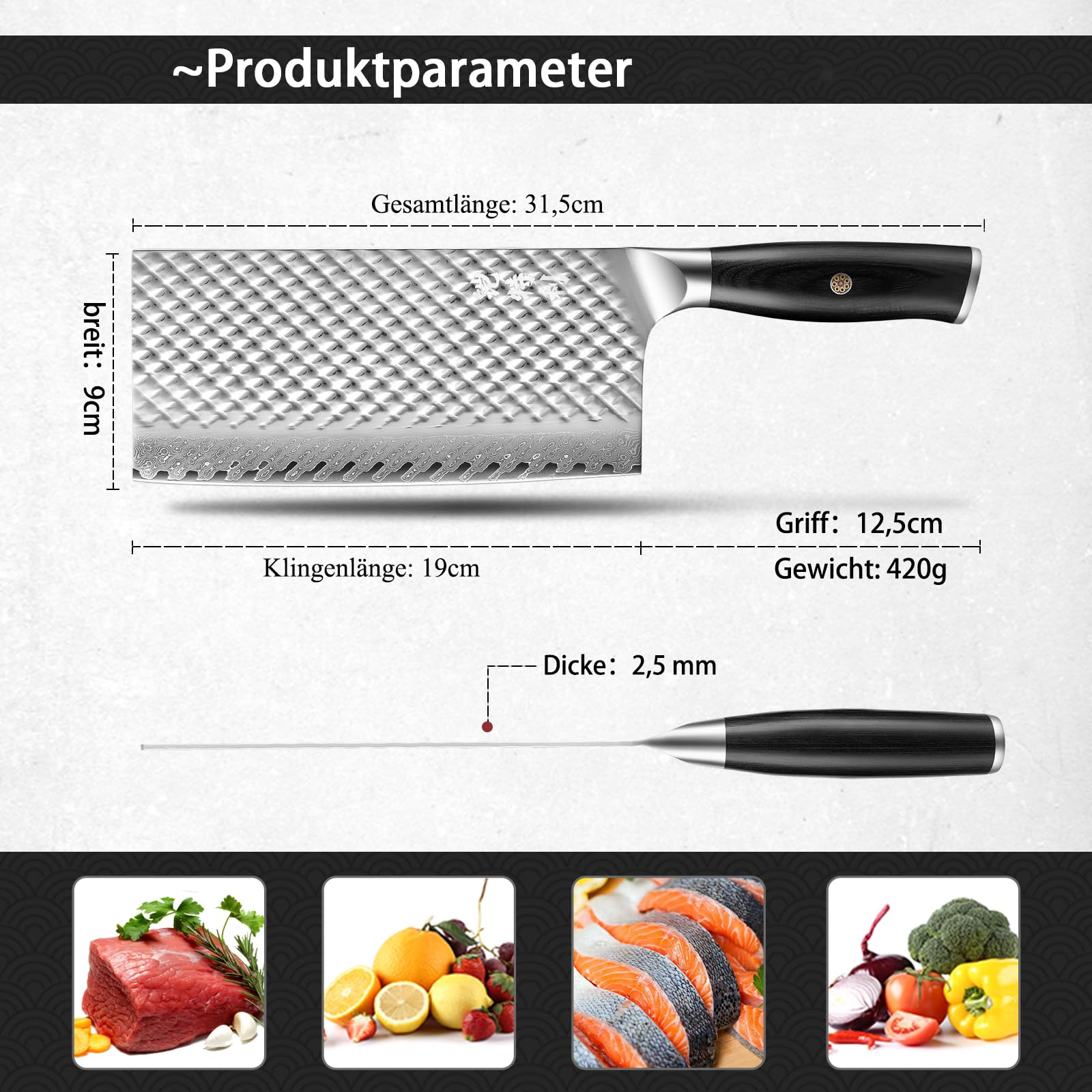 Kitory Damast Hackmesser 19cm, Fleischbeil aus 73-Lagen Damaszener Stahl 10Cr15CoMoV, Profi Küchenmesser mit Pakkaholzgriff, Geschenkbox