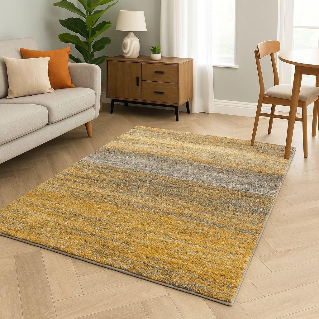 Extra Large Yellow White Grey Stripe Pattern Shaggy Rug Soft Cushioned Fibres for Living Room Bedroom 240cm x 330cm (7ft 10" x 10ft 10")