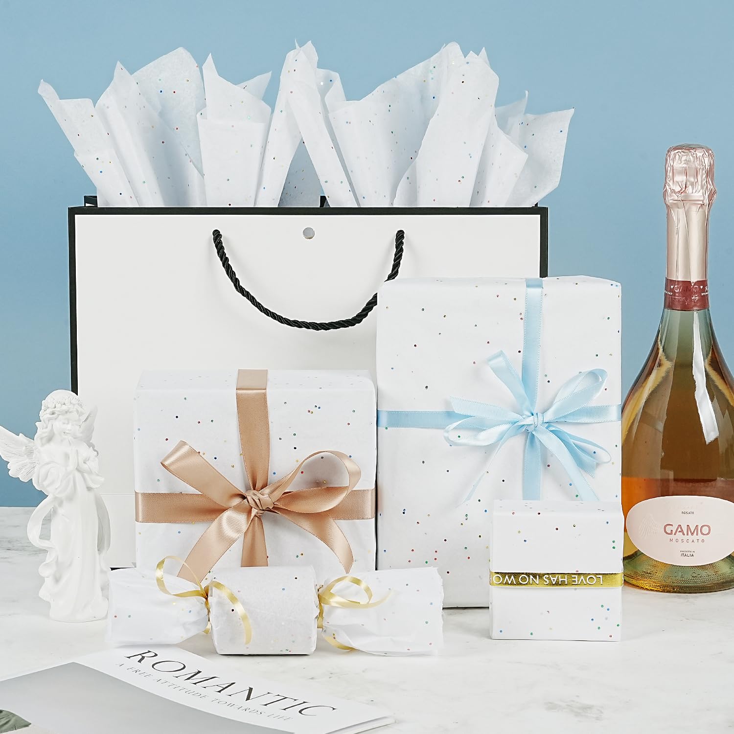 Fogli di carta velina bianca, 35 x 50 cm, 60 fogli di carta velina bianca glitterata lucida sfusa per sacchetti regalo, imballaggio, artigianato, compleanno, matrimonio, baby shower, decorazioni per
