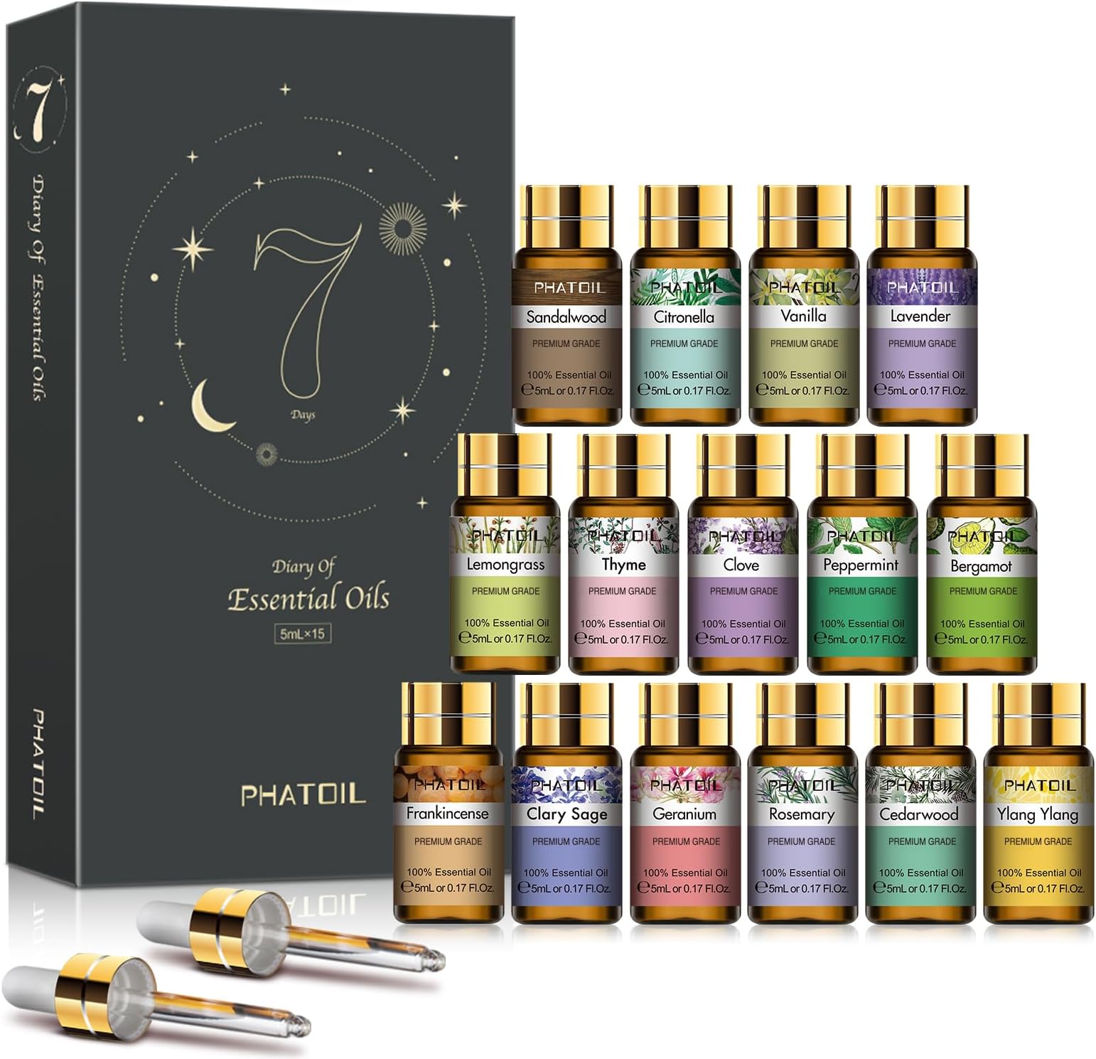 PHATOIL 15PCS Essential Oils Set - 5ml/0.17fl.oz Premium Quality Essential Oils for Diffusers, DIY Soap Candle Making, Gifts for Families and Friends