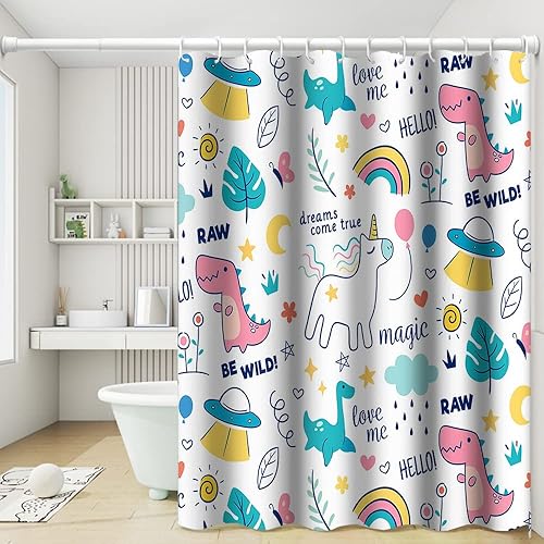 Miniatura 3 de Cortina de ducha de baño con temática de ensueño, diseño de dinosaurios, dinosaurios, arco iris, cortina de ducha mágica con ganchos, cortina de