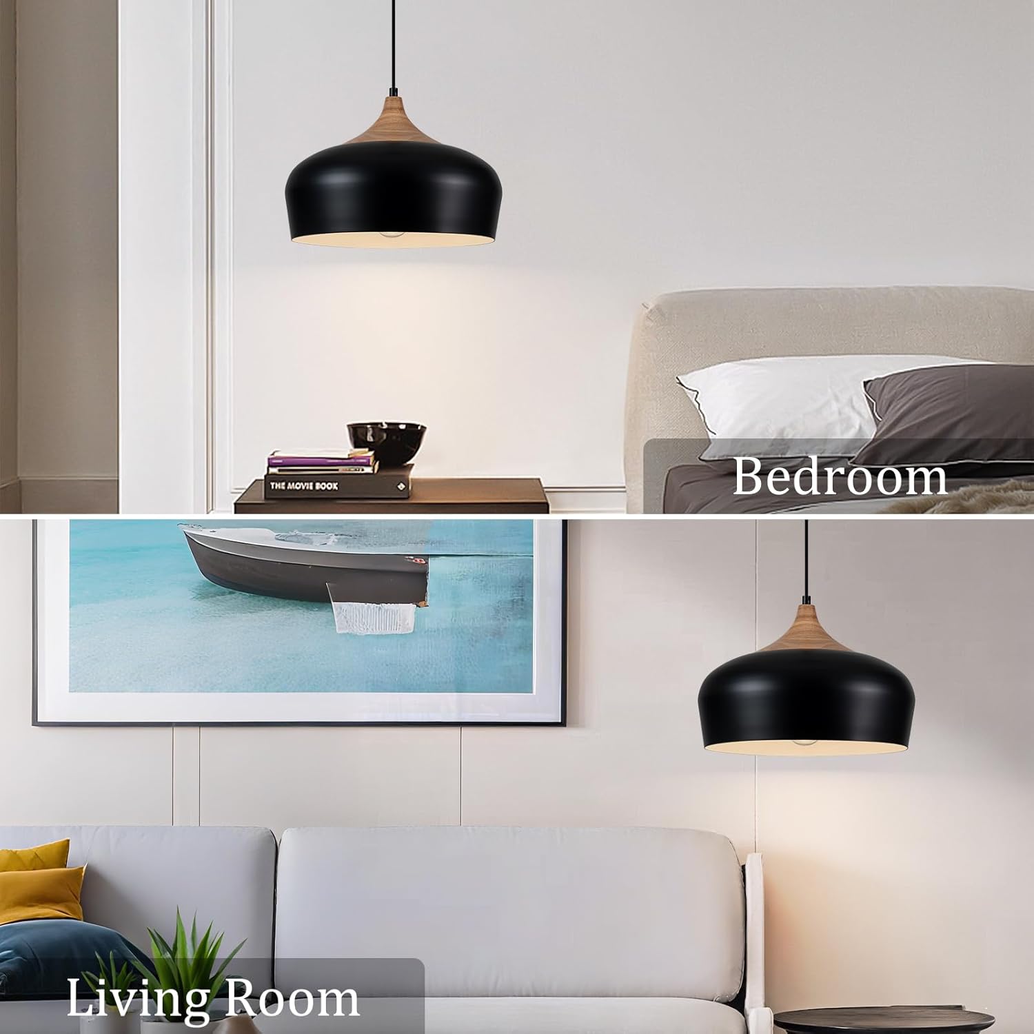 Lingkai Modern Pendant Lighting,13.78" Pendant Lights Fixtures with Dome Metal Shade and Natural Wood Cap,Minimalist Industrial Ceiling Light Fixture for Dining Room Kitchen Island,Matte Black