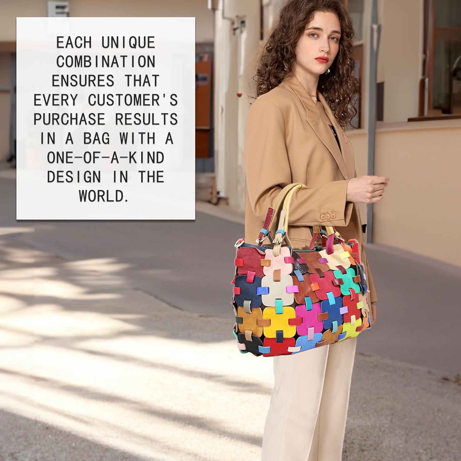 Handmade Cowhide Multi-color Block Random Stitching Unique Style Women's Bag - Crossbody, Shoulder and Handheld - Image 4